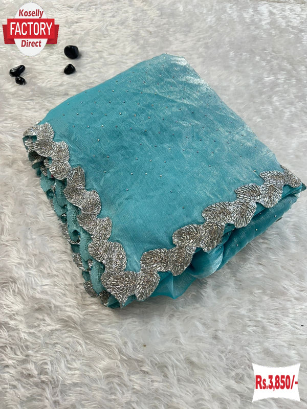 Sky Blue Pure Jimmy Choo Silk Zircon Stone Work Partywear Saree