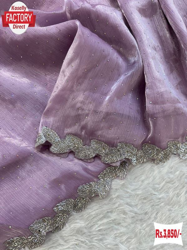 Lavender Pure Jimmy Choo Silk Zircon Stone Work Partywear Saree