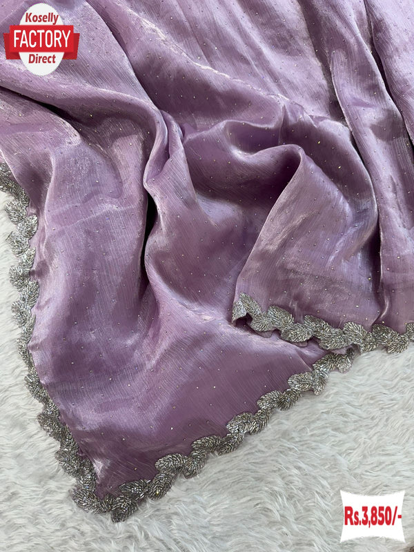 Lavender Pure Jimmy Choo Silk Zircon Stone Work Partywear Saree