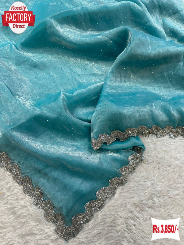 Sky Blue Pure Jimmy Choo Silk Zircon Stone Work Partywear Saree