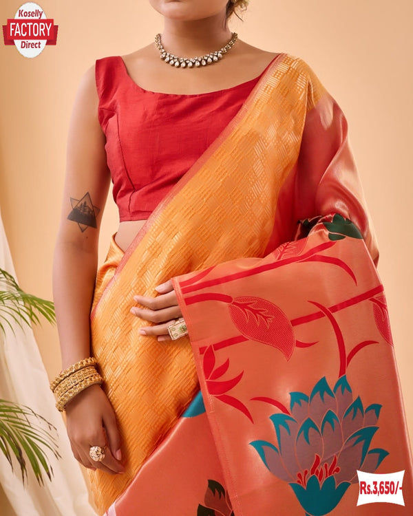 Orange Pure Paithani Silk Rich Weaving Partywear Saree