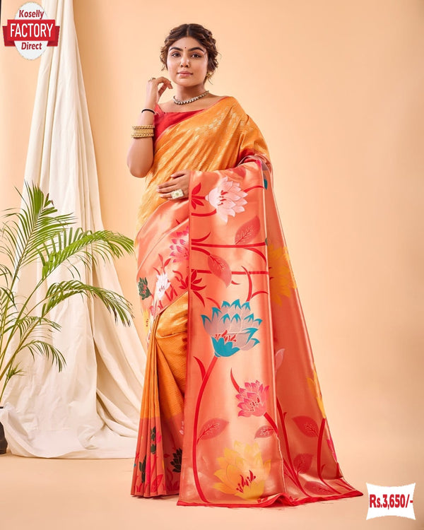 Orange Pure Paithani Silk Rich Weaving Partywear Saree