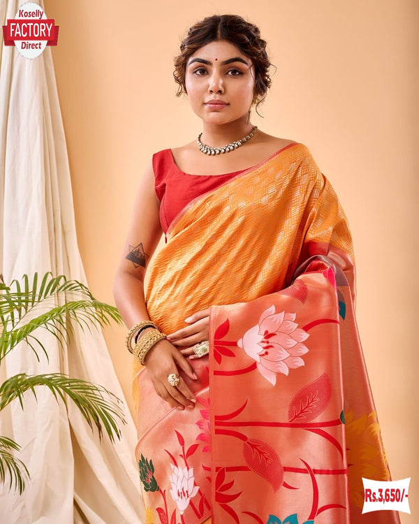 Orange Pure Paithani Silk Rich Weaving Partywear Saree