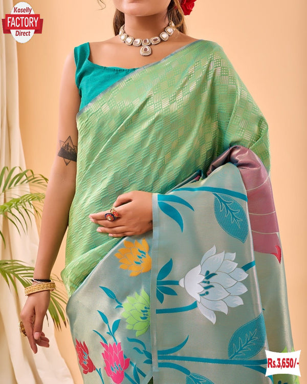 Light Green Pure Paithani Silk Rich Weaving Partywear Saree