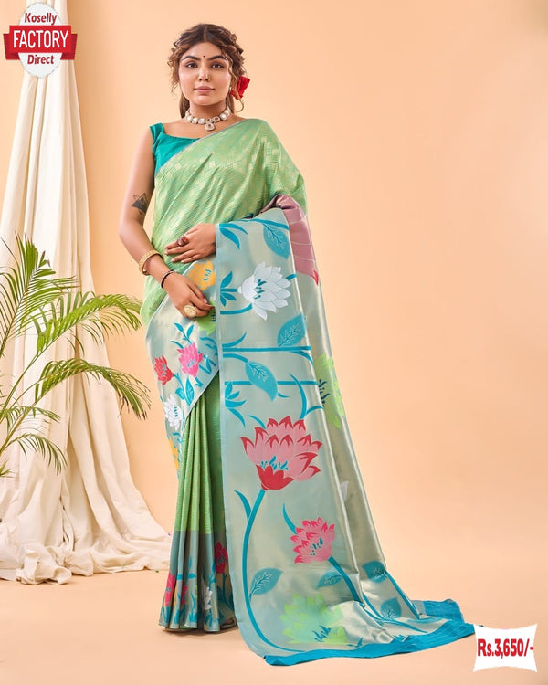 Light Green Pure Paithani Silk Rich Weaving Partywear Saree