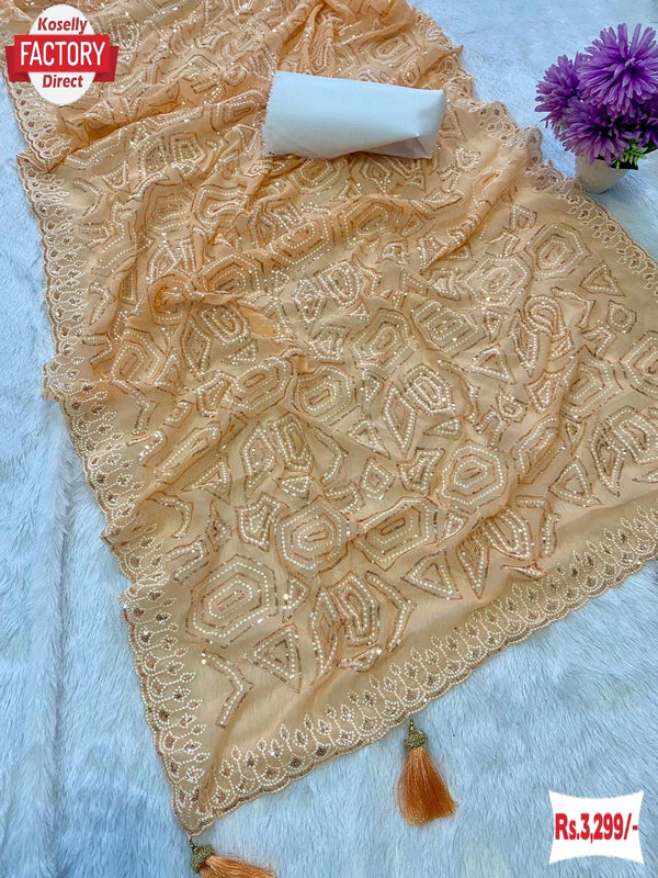 Peach Blooming Georgette Thread And Sequins Work Partywear Saree