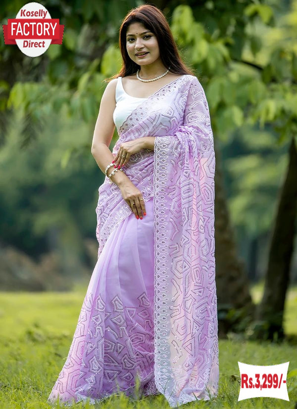 Lavender Blooming Georgette Thread And Sequins Work Partywear Saree