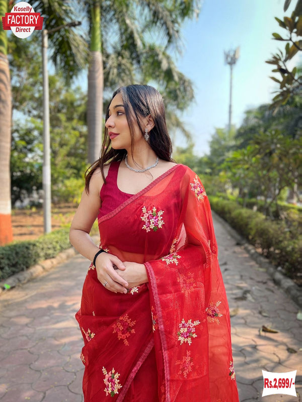 Red Soft Organza Embroidered Partywear Saree