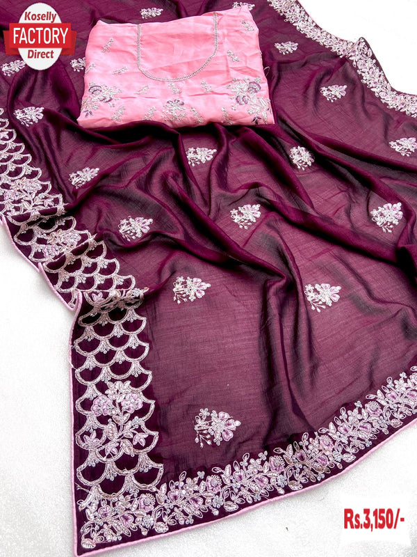 Wine Vichitra Blooming Silk Partywear Embroidered Saree