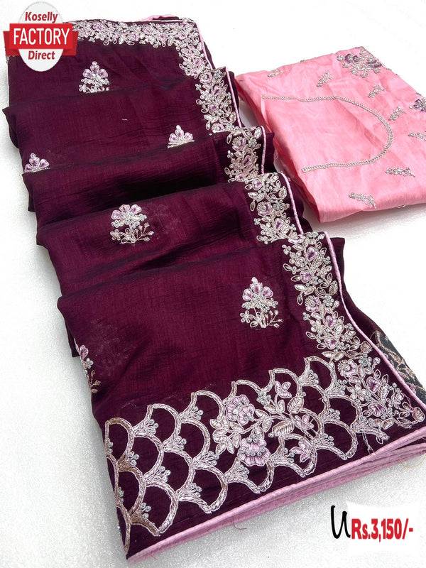 Wine Vichitra Blooming Silk Partywear Embroidered Saree