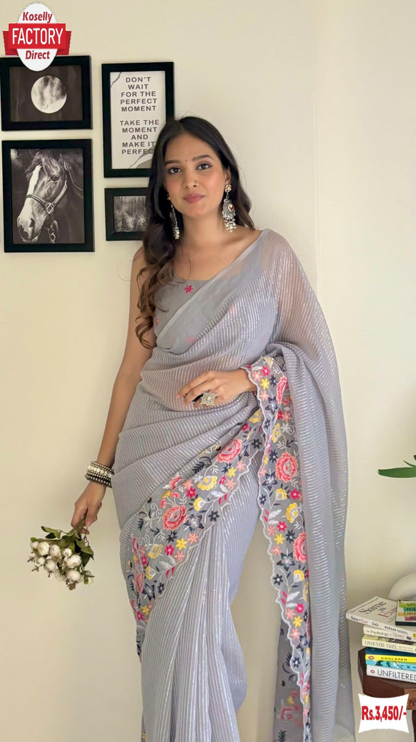 Grey Shimmer Silk Multi-Sequins Work Partywear Saree