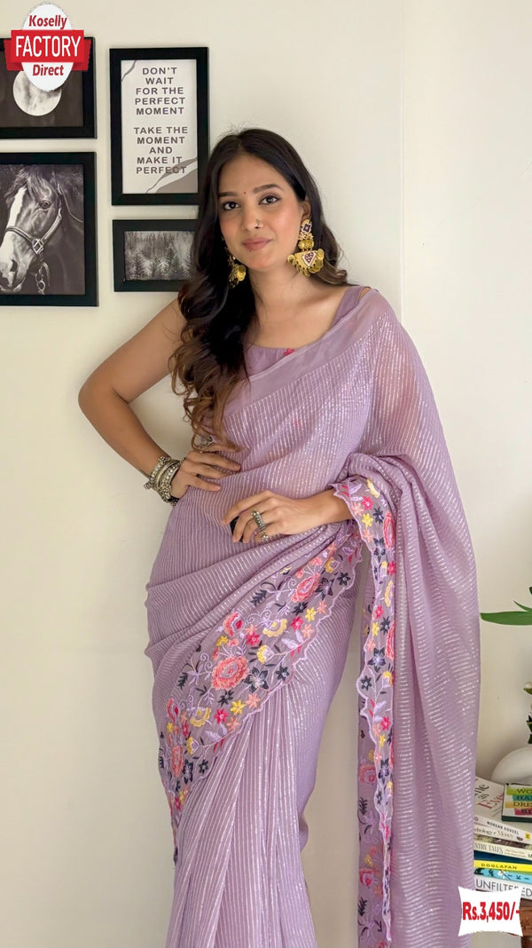 Lavender Shimmer Silk Multi-Sequins Work Partywear Saree