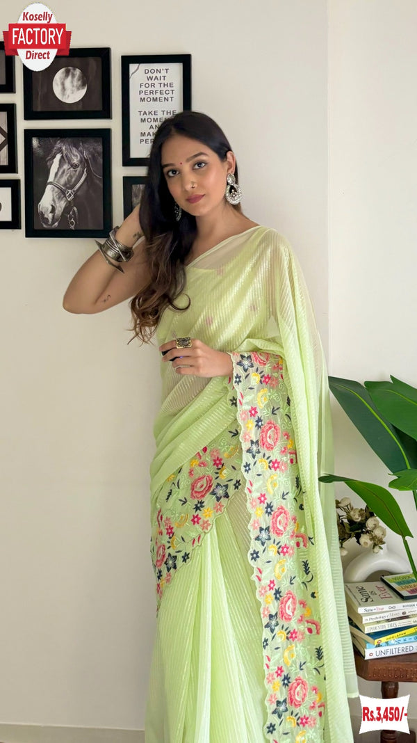 Pista Green Shimmer Silk Multi-Sequins Work Partywear Saree