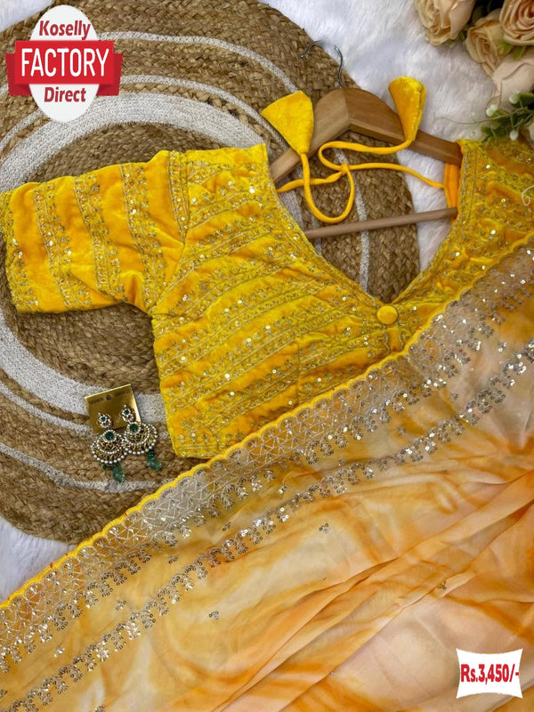 Yellow Rangoli Silk Prism Print Partywear Sequins Worked Saree