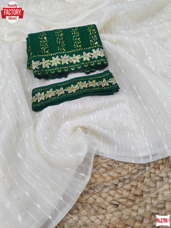 White Organza Partywear Saree With Green Blouse And Belt