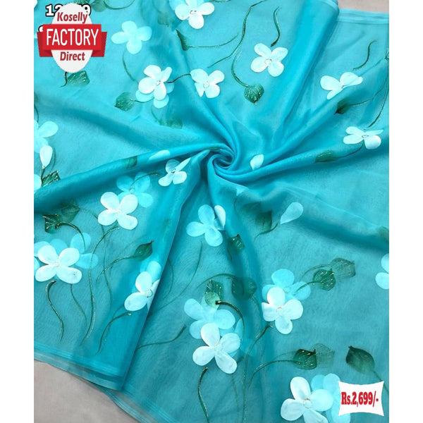 Sky Blue Organza Handbrush Painted Partywear Saree