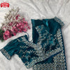 Teal Pure Organza Silk Embroidered Partywear Saree