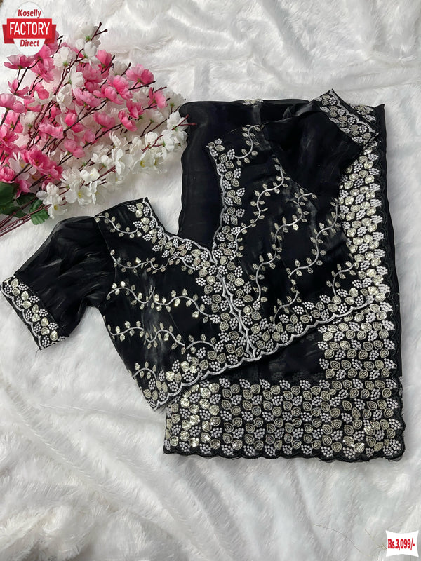 Black Pure Organza Silk Embroidered Partywear Saree