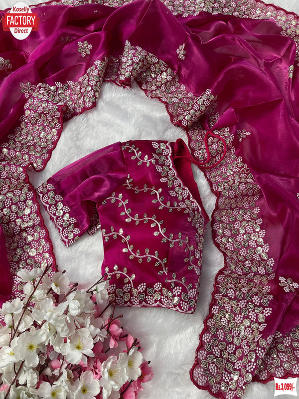 Pink Pure Organza Silk Embroidered Partywear Saree