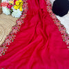 Cherry Red Tussar Silk Cross-stitch Embroidered Partywear Saree