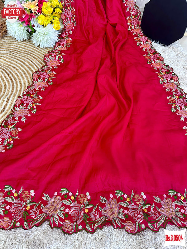 Cherry Red Tussar Silk Cross-stitch Embroidered Partywear Saree