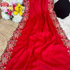 Red Tussar Silk Cross-stitch Embroidered Partywear Saree