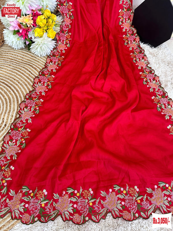 Red Tussar Silk Cross-stitch Embroidered Partywear Saree