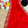 Red Tussar Silk Cross-stitch Embroidered Partywear Saree