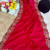 Cherry Red Tussar Silk Cross-stitch Embroidered Partywear Saree