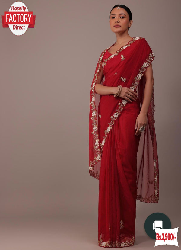 Red Pure Organza Hand-worked Partywear Saree