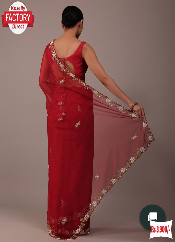 Red Pure Organza Hand-worked Partywear Saree