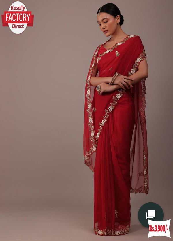 Red Pure Organza Hand-worked Partywear Saree