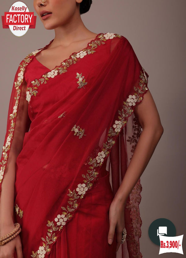 Red Pure Organza Hand-worked Partywear Saree