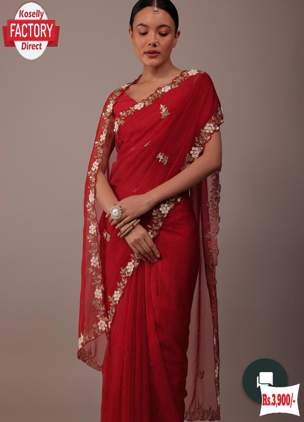 Red Pure Organza Hand-worked Partywear Saree