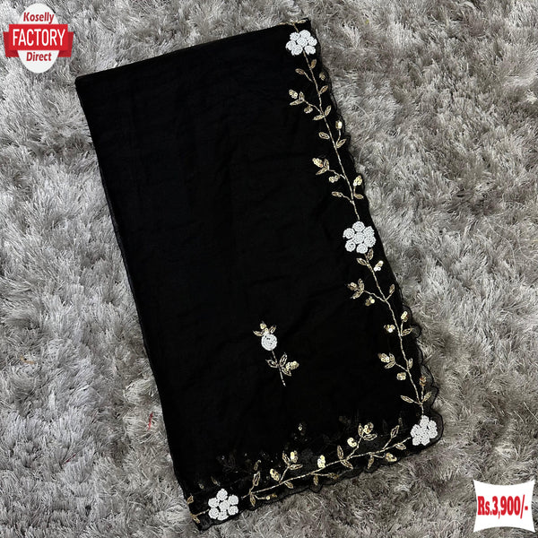 Black Pure Organza Hand-worked Partywear Saree