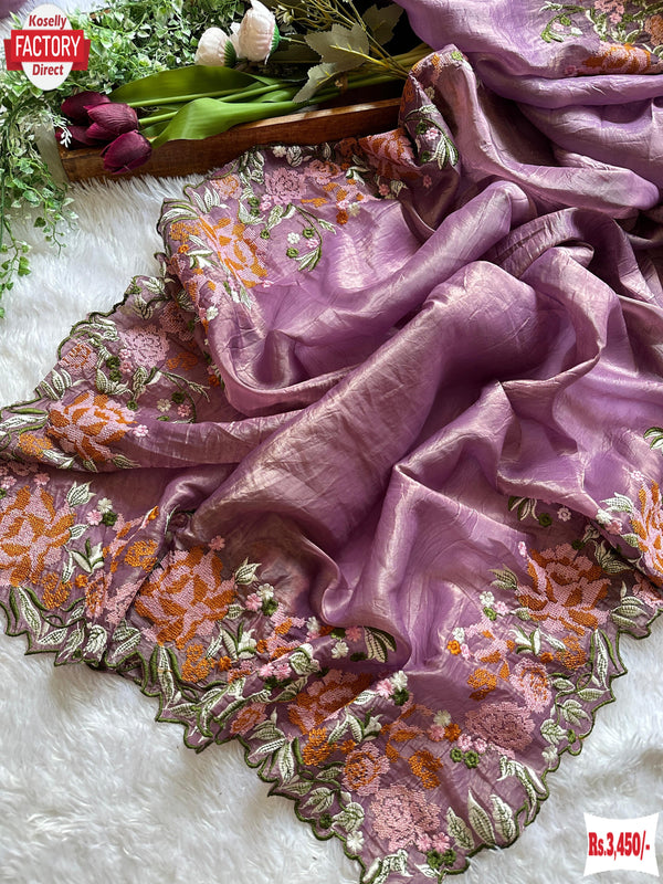 Lavender Pure Crush Silk Embroidered Partywear Saree