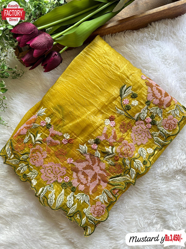 Yellow Pure Crush Silk Embroidered Partywear Saree