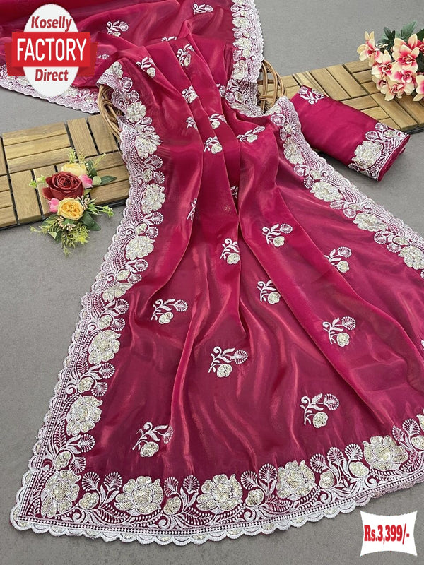 Hot Pink Jimmy Choo Silk Partywear Saree With Embroidery Work