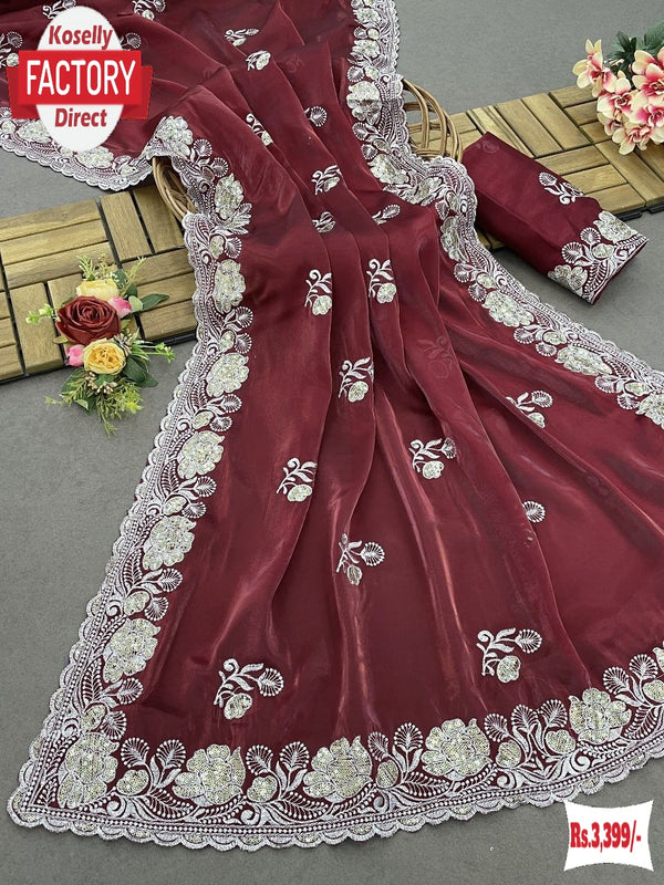 Maroon Jimmy Choo Silk Partywear Saree With Embroidery Work