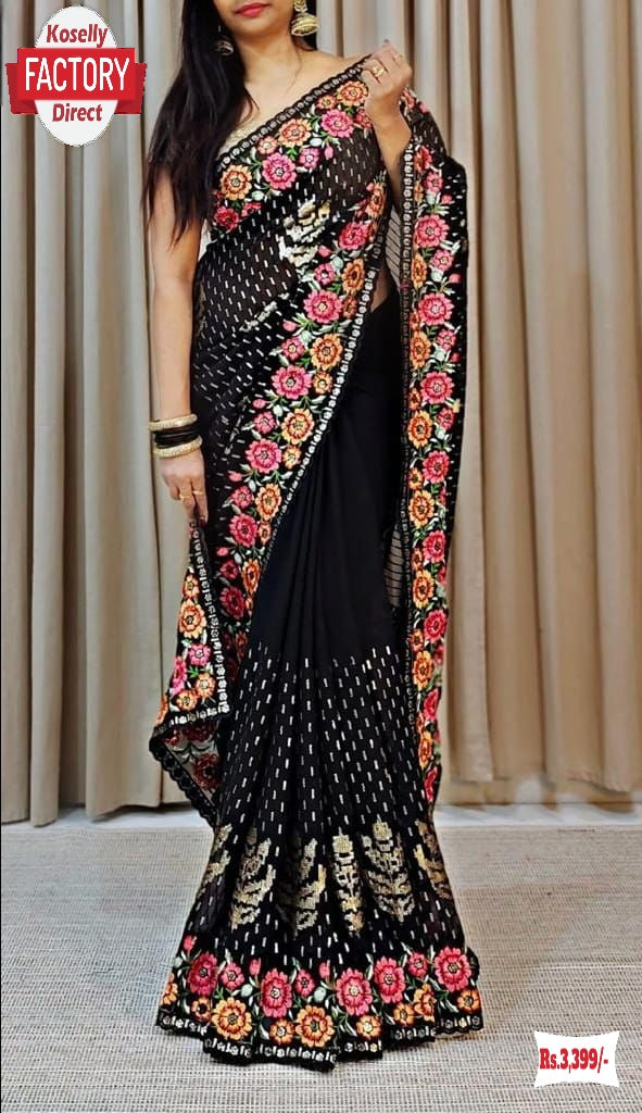 Black Georgette Sequins Embroidered Partywear Saree