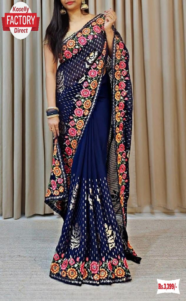 Navy Blue Georgette Sequins Embroidered Partywear Saree