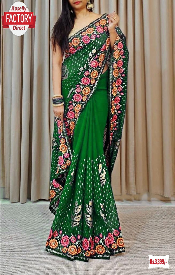 Bottle Green Georgette Sequins Embroidered Partywear Saree