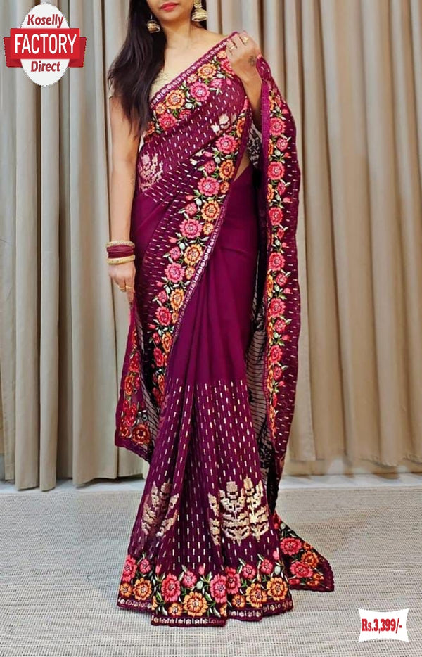 Wine Georgette Sequins Embroidered Partywear Saree