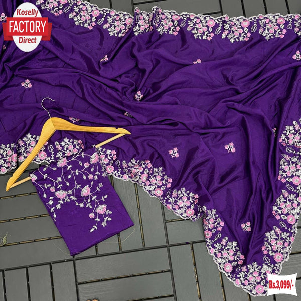 Purple Chinnon Crepe Silk Embroidered Partywear Saree