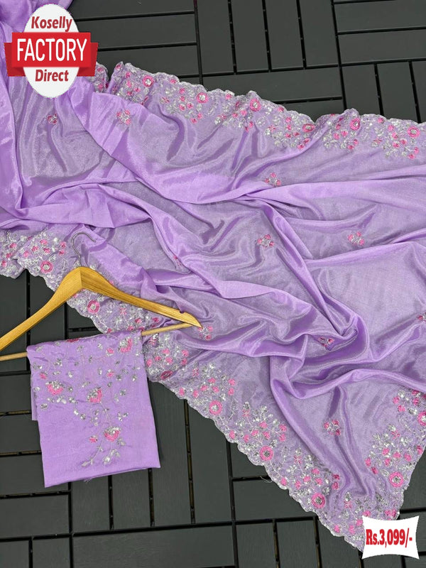 Lavender  Chinnon Crepe Silk Embroidered Partywear Saree