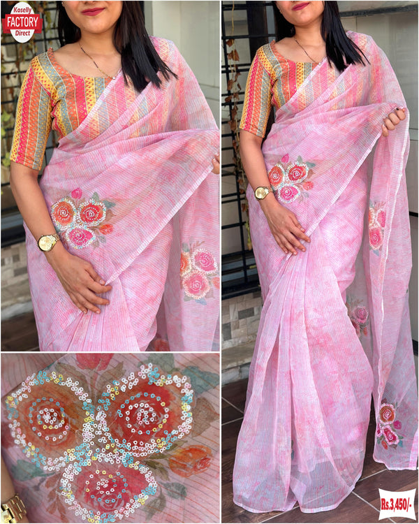 Pink Soft Organza Multithread Embroidered Partywear Saree