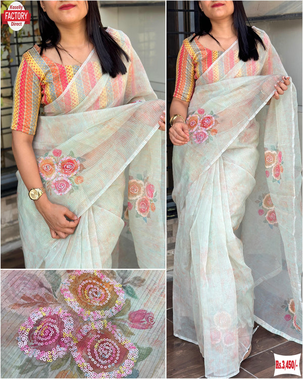 Off-white Soft Organza Multithread Embroidered Partywear Saree