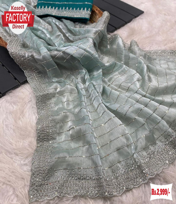 Dusty Green Jimmy Choo Silk Partywear Saree With Sequins Work