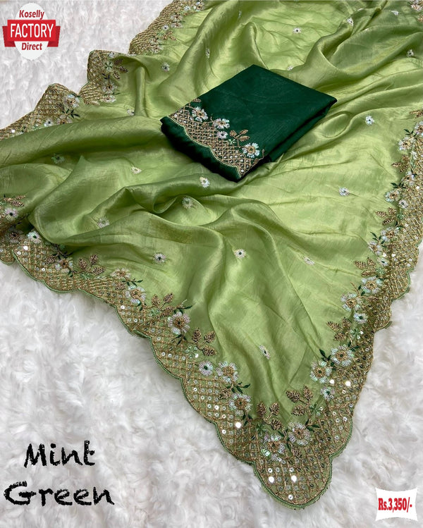 Mint Green Crush Silk Partywear Embroidered Saree