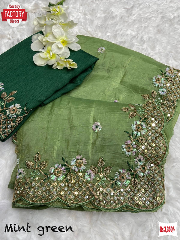 Mint Green Crush Silk Partywear Embroidered Saree